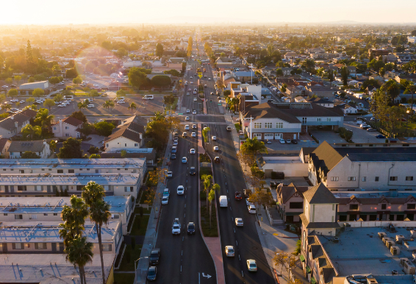 Aerial view down the street in Westminster California at sunset.